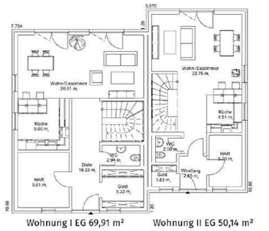Grundriss einer Doppelhaushälfte mit zwei Wohnungen und Zimmeraufteilungen.