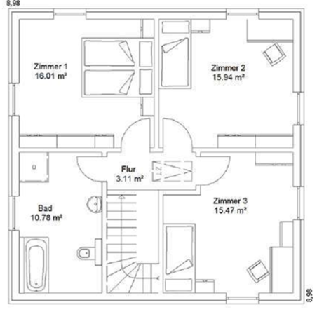 Grundriss eines Hauses mit vier Zimmern, Flur und Bad.
