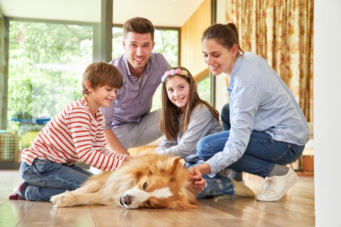 Eine Familie mit zwei Kindern streichelt ihren Hund in einem hellen Wohnraum.