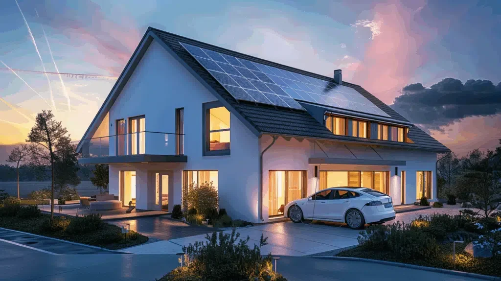 Moderner Wohnhaus mit Solarpanelen, beleuchtet und einem Elektroauto in der Auffahrt.