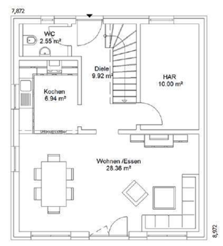 Grundriss eines Hauses mit zwei Etagen, inklusive Küche, Wohnzimmer und Schlafzimmer.