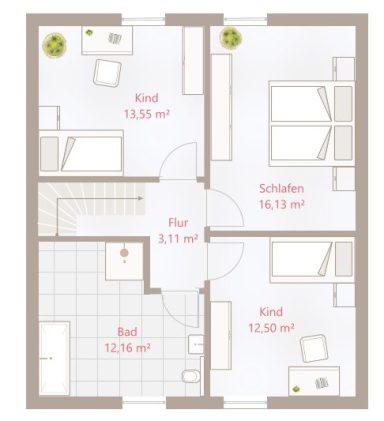 Grundriss einer Wohnung mit zwei Kinderzimmern, Schlafzimmer, Büro und Bad.