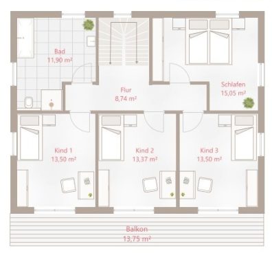 Grundriss einer Wohnung mit drei Schlafzimmern, Bad und Balkon. Flächenangaben sind angeschrieben.