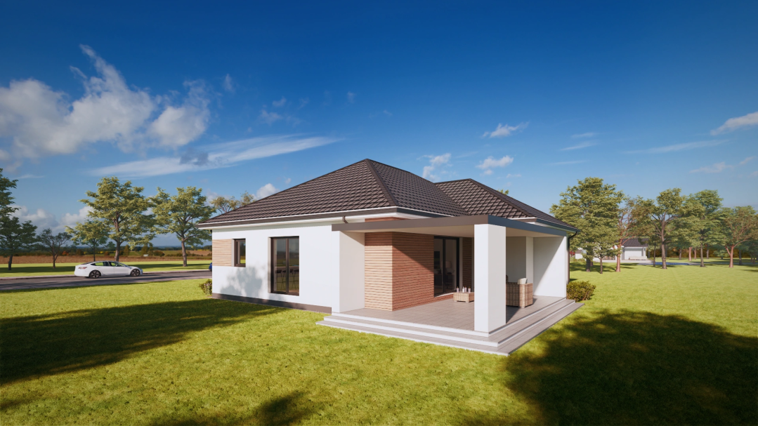 Modernes Einfamilienhaus mit Garten und Terrasse unter klarem Himmel.