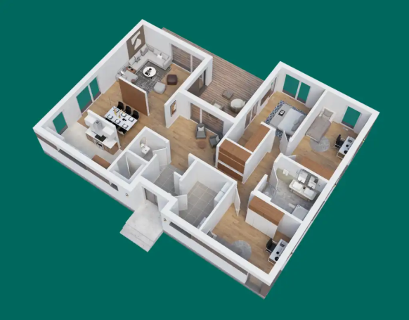 3D Grundriss einer Wohnung mit mehreren Zimmern und offener Küche.