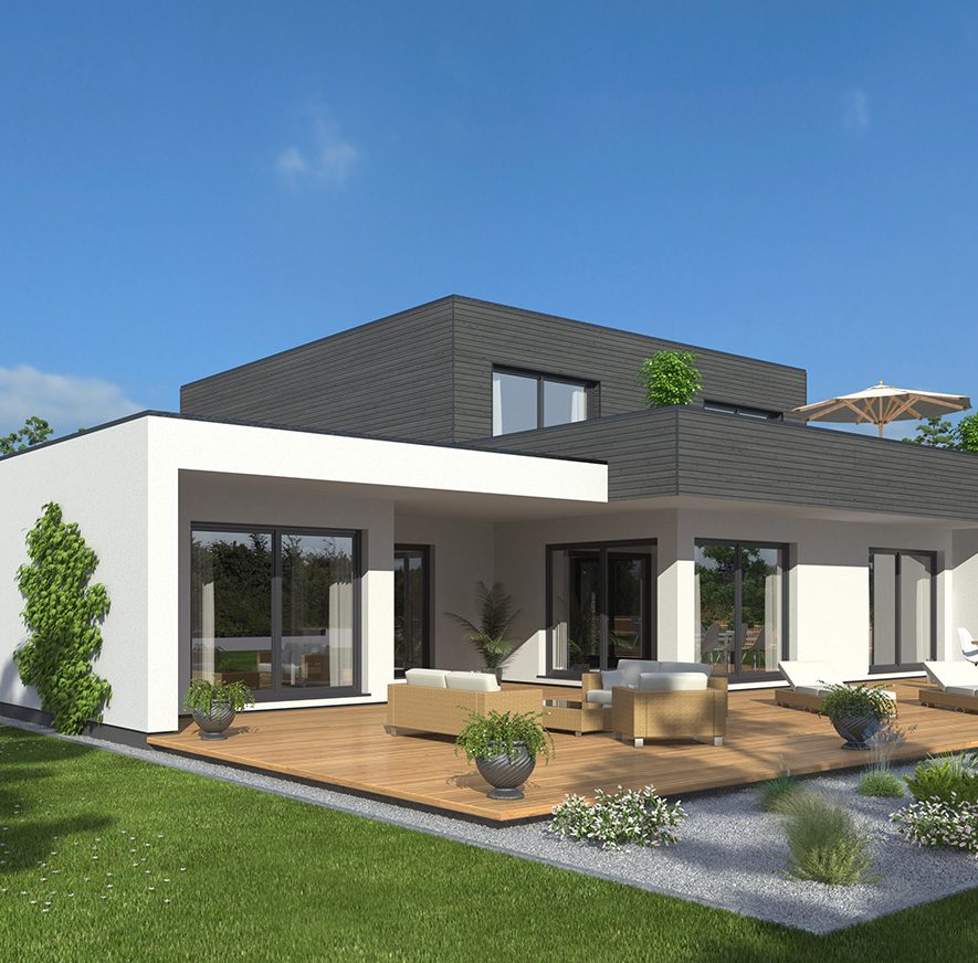 Moderner Wohnhausentwurf mit Terrasse, Garten und begrünten Bereichen.