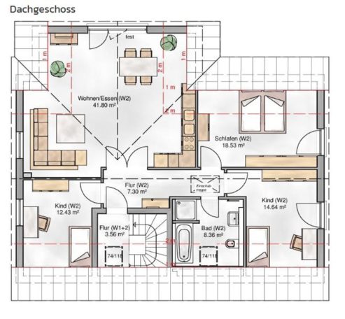 Grundriss eines Hauses mit Wohnzimmer, Küche, Essbereich und zwei Schlafzimmern.