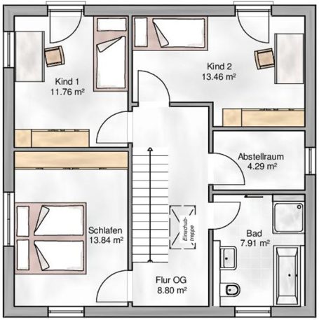 Grundriss eines Wohnhauses mit zwei Schlafzimmern, Bad, Abstellraum und Treppe.