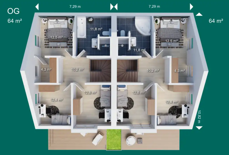 Dachgeschoss Grundriss einer Wohnung mit vier Zimmern, Küche und gemeinsamen Wohnbereich.