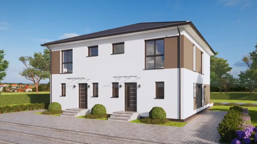 Ansicht Weißes Doppelhaus mit modernen Fenstern und einem gepflegten Garten.