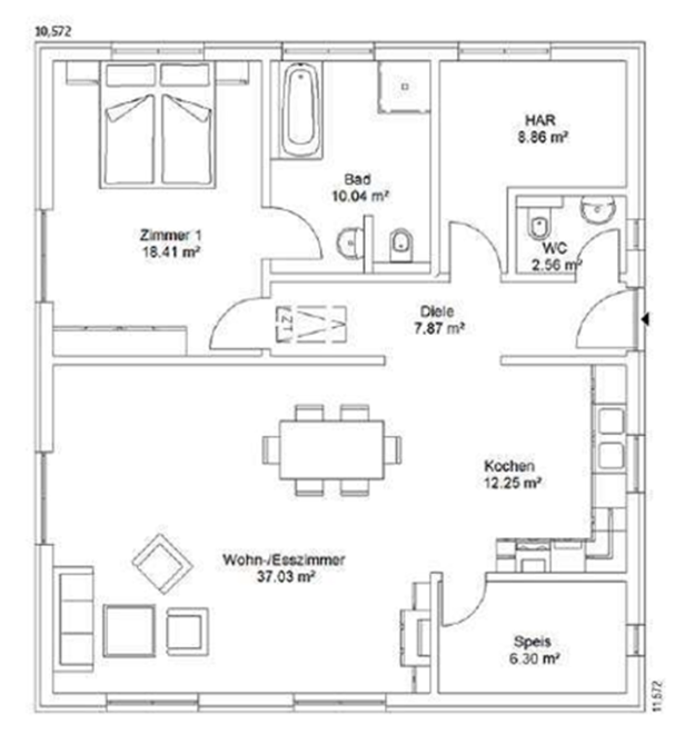 Erdgeschoss Grundriss einer Wohnung mit zwei Schlafzimmern, Wohnzimmer, Küche und Badezimmer.