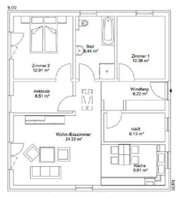 Erdgeschoss Grundriss eines Hauses mit Wohnzimmer, Schlafzimmer, Küche und Badezimmer.