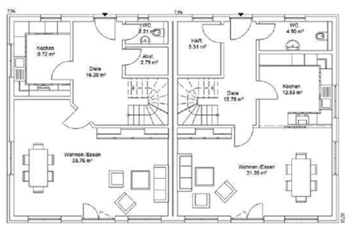 Grundriss eines Hauses mit zwei Etagen, Zimmeraufteilung und Möbelanordnung.