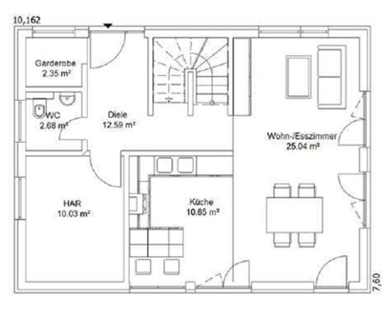 Grundriss eines Hauses mit Wohnzimmer, Essbereich, Küche und Treppe.