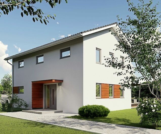 Modernes Haus mit hellem Putz, Holzfenstern und einem gepflegten Garten.