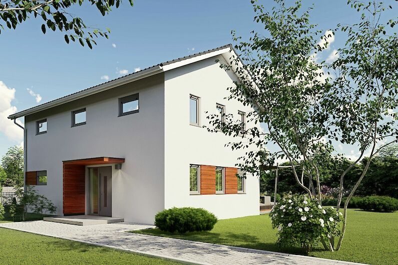 Modernes Haus mit hellem Putz, Holzfenstern und einem gepflegten Garten.