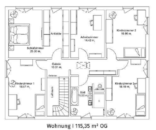 Grundriss einer Wohnung im Obergeschoss mit mehreren Räumen und Treppe.