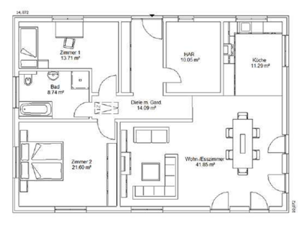 Grundriss eines Hauses mit drei Schlafzimmern, Küche, Esszimmer und Wohnzimmer.