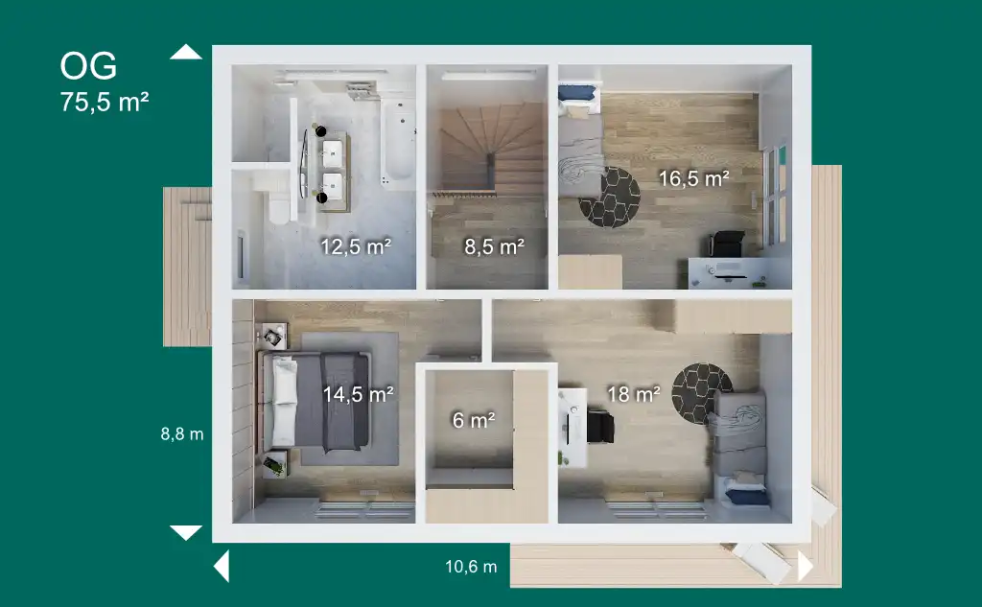 Obergeschoss Grundriss einer Wohnung mit mehreren Räumen und Möbelanordnung.