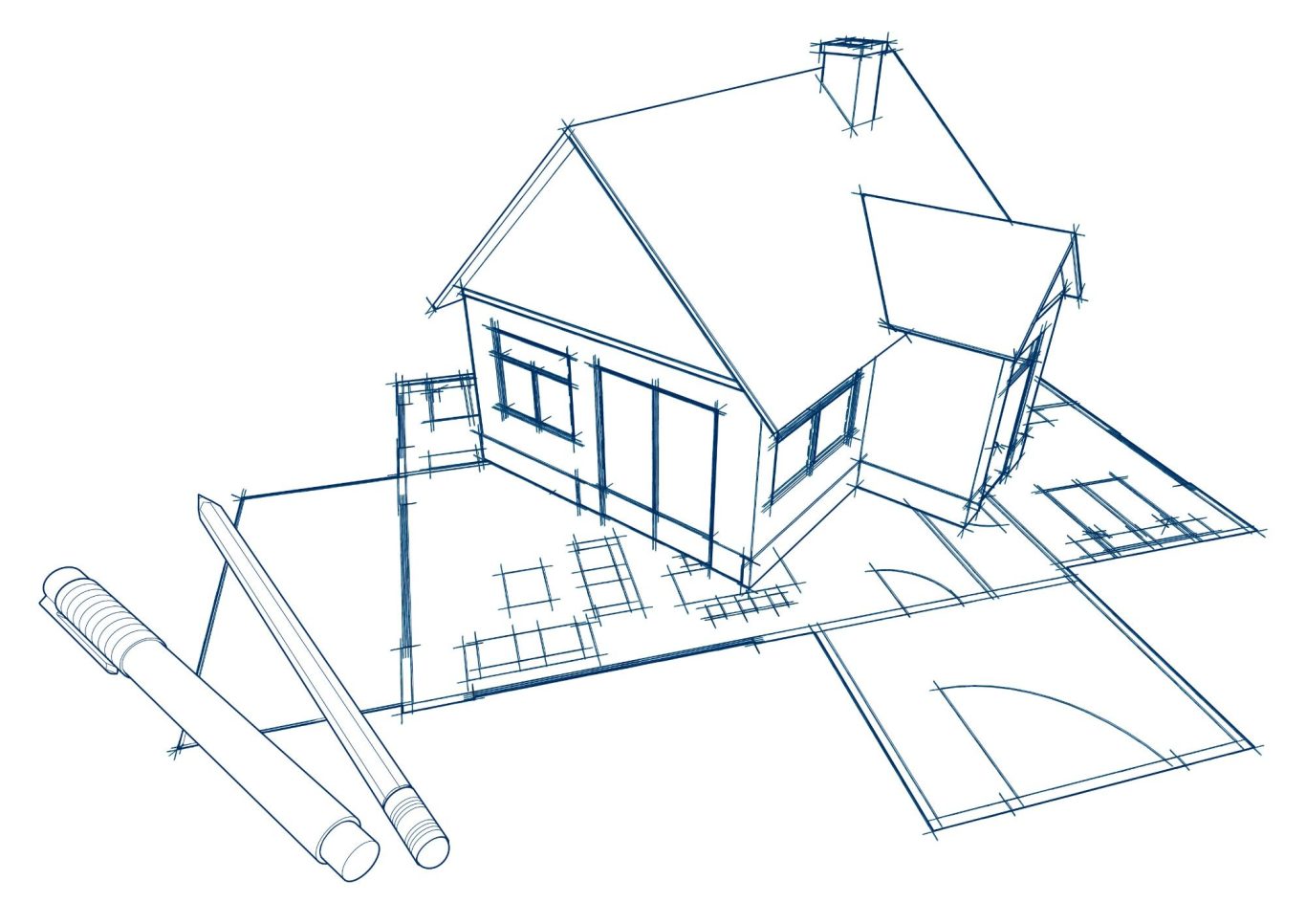 Blaupause eines Hauses mit Grundriss und Bleistiften.