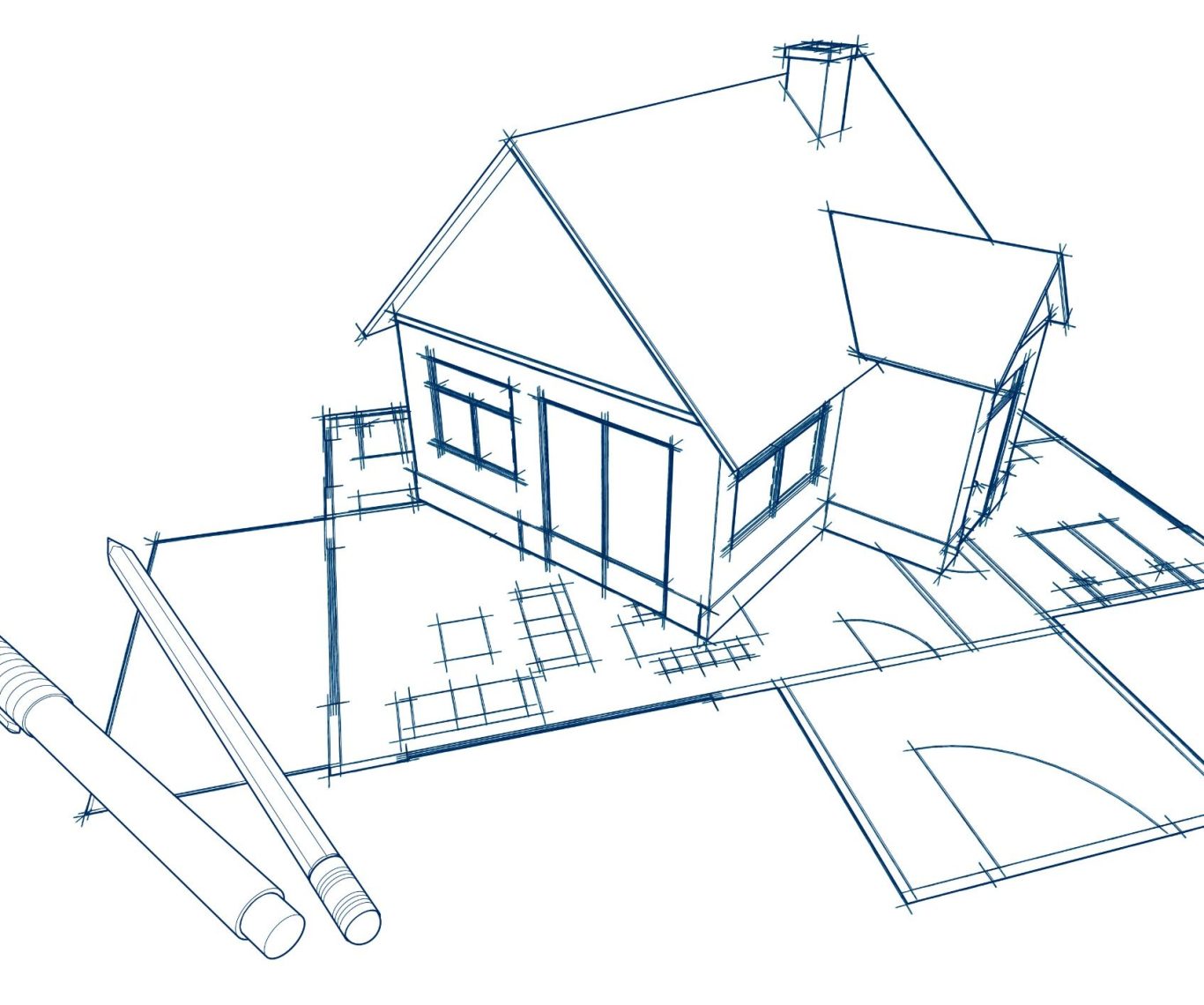 Blaupause eines Hauses mit Grundriss und Bleistiften.