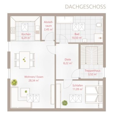 Grundriss des Dachgeschosses mit Küche, Bad, Flur und zwei Schlafzimmern.