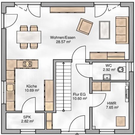 Grundriss eines Hauses mit Wohnraum, Küche, Essbereich und mehreren Räumen.