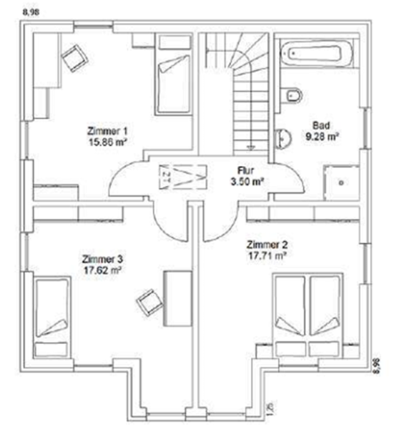 Grundriss eines Hauses mit vier Zimmern, zwei Bädern und einer Treppe.